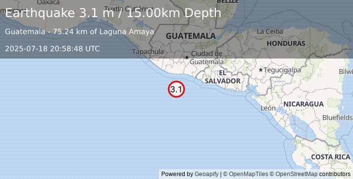 Earthquake OFFSHORE GUATEMALA (3.1 m) (2025-07-18 20:58:48 UTC)