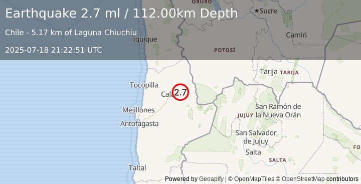 Earthquake ANTOFAGASTA, CHILE (2.7 ml) (2025-07-18 21:22:51 UTC)