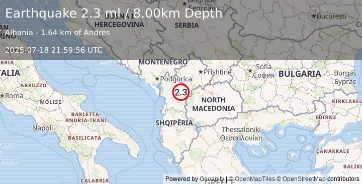 Earthquake ALBANIA (2.3 ml) (2025-07-18 21:59:56 UTC)
