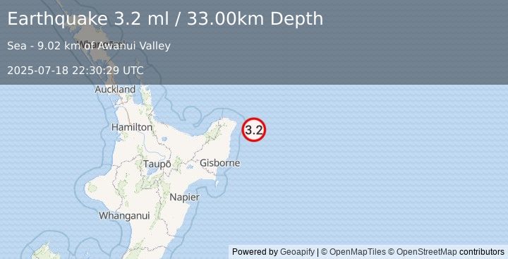 Earthquake OFF E. COAST OF N. ISLAND, N.Z. (3.2 ml) (2025-07-18 22:30:29 UTC)