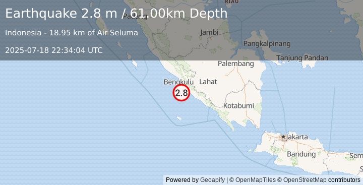 Earthquake SOUTHERN SUMATRA, INDONESIA (2.8 m) (2025-07-18 22:34:04 UTC)