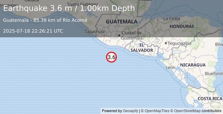 Earthquake OFFSHORE GUATEMALA (3.6 m) (2025-07-18 22:26:21 UTC)