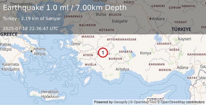 Earthquake WESTERN TURKEY (1.0 ml) (2025-07-18 22:36:47 UTC)