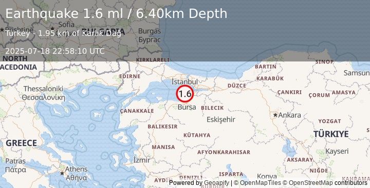 Earthquake WESTERN TURKEY (1.6 ml) (2025-07-18 22:58:10 UTC)