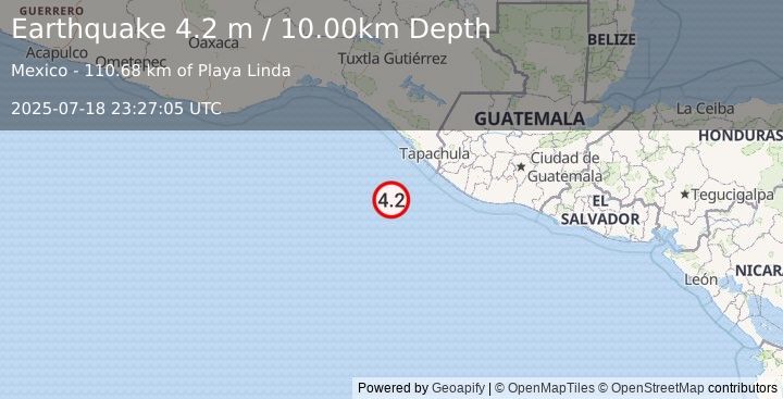 Earthquake OFF COAST OF CHIAPAS, MEXICO (4.2 m) (2025-07-18 23:27:05 UTC)