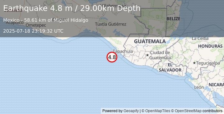 Earthquake OFF COAST OF CHIAPAS, MEXICO (4.9 mw) (2025-07-18 23:19:26 UTC)
