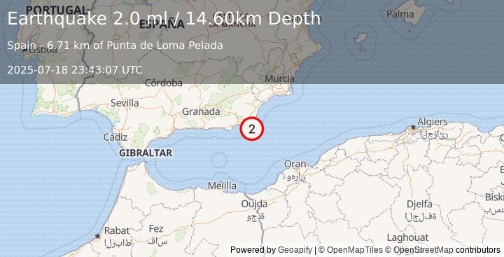 Earthquake STRAIT OF GIBRALTAR (2.0 ml) (2025-07-18 23:43:07 UTC)