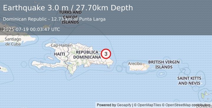 Earthquake DOMINICAN REPUBLIC REGION (3.0 m) (2025-07-19 00:03:47 UTC)