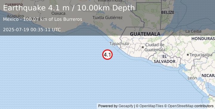 Earthquake OFF COAST OF CHIAPAS, MEXICO (4.1 m) (2025-07-19 00:35:11 UTC)
