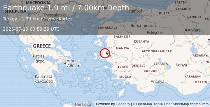 Earthquake NEAR THE COAST OF WESTERN TURKEY (1.9 ml) (2025-07-19 00:59:39 UTC)