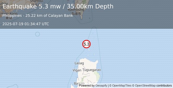 Earthquake BABUYAN ISL REGION, PHILIPPINES (5.3 mw) (2025-07-19 01:34:47 UTC)