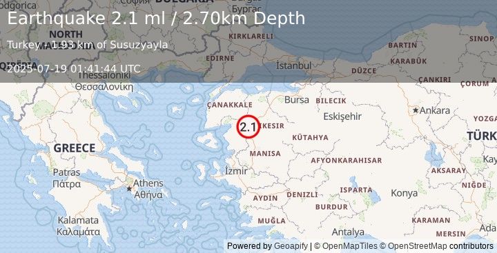 Earthquake WESTERN TURKEY (2.1 ml) (2025-07-19 01:41:44 UTC)