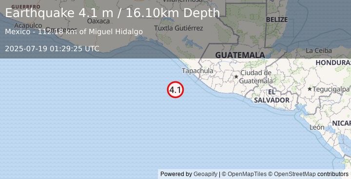 Earthquake OFF COAST OF CHIAPAS, MEXICO (4.1 m) (2025-07-19 01:29:25 UTC)