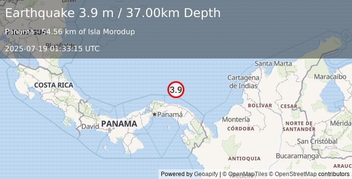 Earthquake NORTH OF PANAMA (3.9 m) (2025-07-19 01:33:15 UTC)
