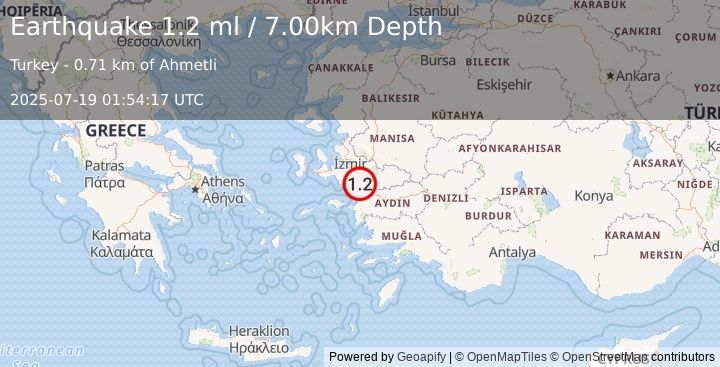 Earthquake WESTERN TURKEY (1.2 ml) (2025-07-19 01:54:17 UTC)