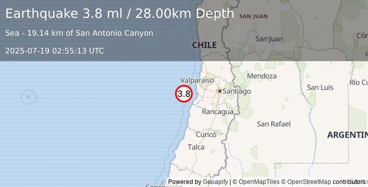 Earthquake OFFSHORE VALPARAISO, CHILE (3.8 ml) (2025-07-19 02:55:13 UTC)