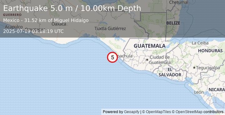 Earthquake OFFSHORE CHIAPAS, MEXICO (4.9 mw) (2025-07-19 03:18:14 UTC)