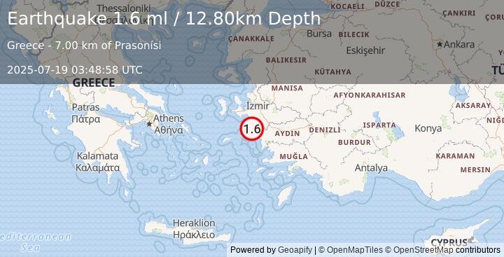 Earthquake DODECANESE ISLANDS, GREECE (1.6 ml) (2025-07-19 03:48:58 UTC)