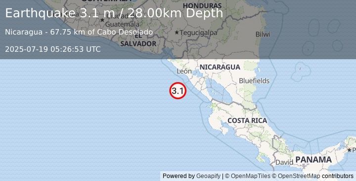 Earthquake NEAR COAST OF NICARAGUA (3.1 m) (2025-07-19 05:26:53 UTC)