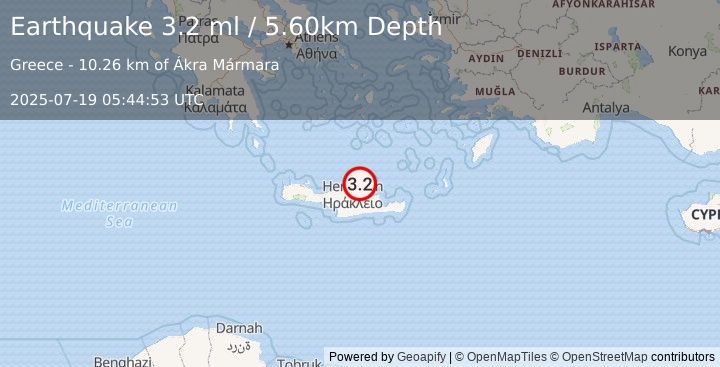 Earthquake CRETE, GREECE (3.2 ml) (2025-07-19 05:44:53 UTC)