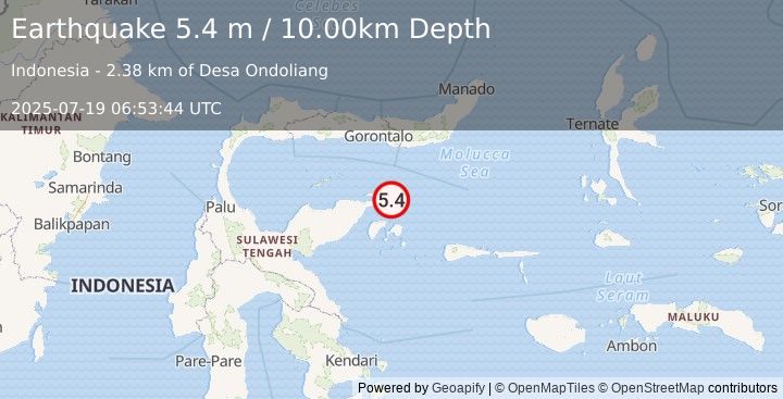Earthquake SULAWESI, INDONESIA (5.1 mb) (2025-07-19 06:53:41 UTC)