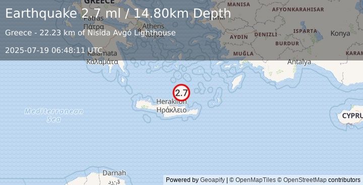 Earthquake CRETE, GREECE (2.7 ml) (2025-07-19 06:48:11 UTC)