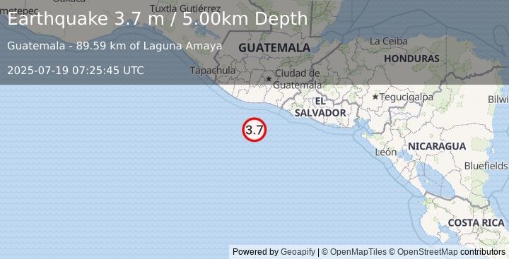 Earthquake OFFSHORE GUATEMALA (3.8 m) (2025-07-19 07:25:44 UTC)