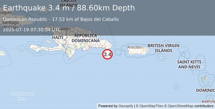 Earthquake DOMINICAN REPUBLIC REGION (3.4 m) (2025-07-19 07:30:34 UTC)