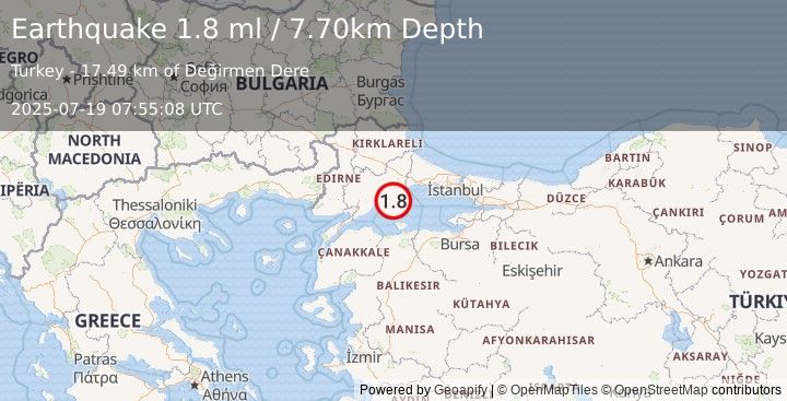 Earthquake WESTERN TURKEY (1.8 ml) (2025-07-19 07:55:08 UTC)