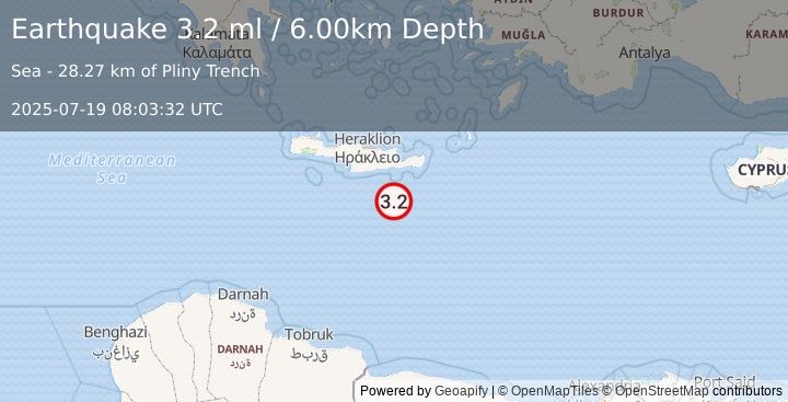 Earthquake CRETE, GREECE (3.2 ml) (2025-07-19 08:03:32 UTC)