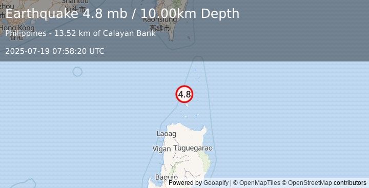 Earthquake BABUYAN ISL REGION, PHILIPPINES (4.8 mb) (2025-07-19 07:58:20 UTC)
