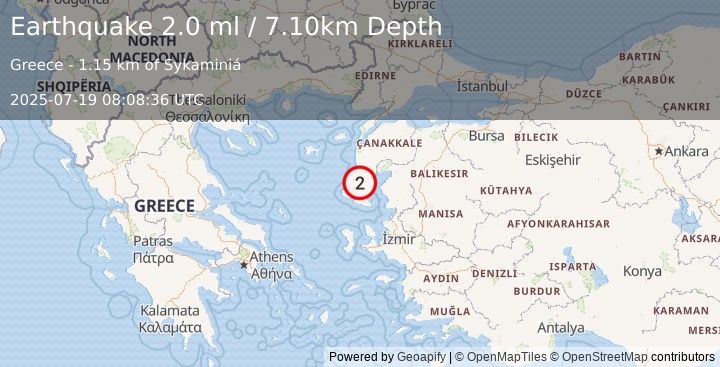 Earthquake NEAR THE COAST OF WESTERN TURKEY (2.0 ml) (2025-07-19 08:08:36 UTC)