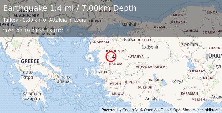 Earthquake WESTERN TURKEY (1.4 ml) (2025-07-19 09:35:18 UTC)