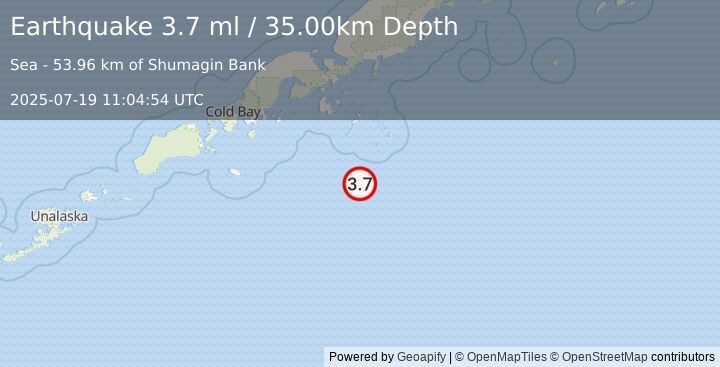 Earthquake SOUTH OF ALASKA (3.7 ml) (2025-07-19 11:04:54 UTC)