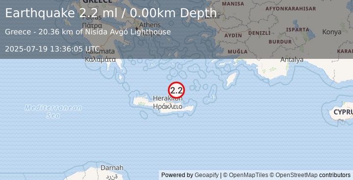 Earthquake CRETE, GREECE (2.2 ml) (2025-07-19 13:36:05 UTC)