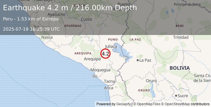 Earthquake SOUTHERN PERU (4.2 m) (2025-07-19 16:25:39 UTC)