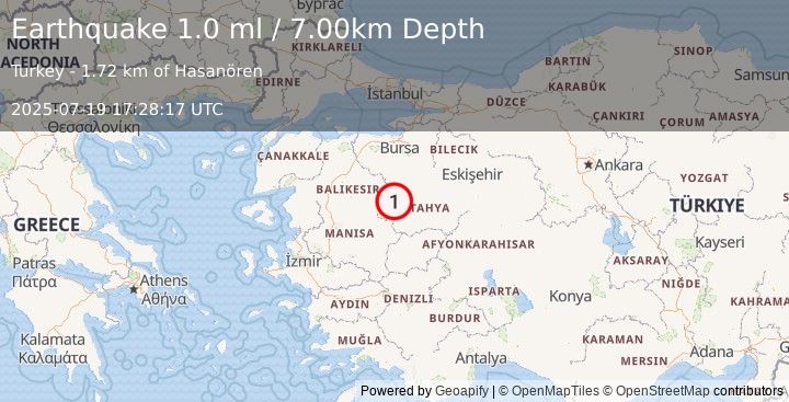 Earthquake WESTERN TURKEY (1.0 ml) (2025-07-19 17:28:17 UTC)
