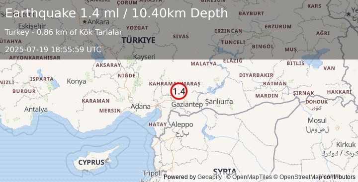 Earthquake CENTRAL TURKEY (1.4 ml) (2025-07-19 18:55:59 UTC)