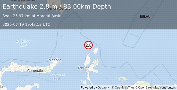 Earthquake MOLUCCA SEA (2.8 m) (2025-07-19 19:43:13 UTC)
