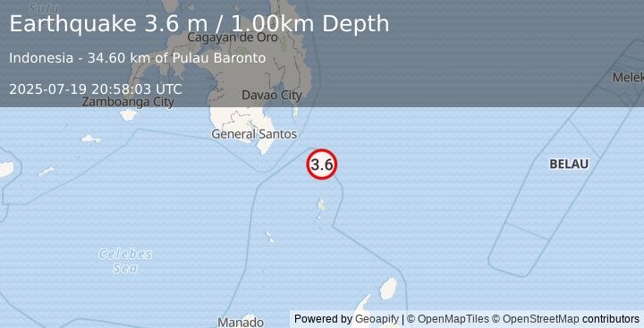 Earthquake MINDANAO, PHILIPPINES (3.6 m) (2025-07-19 20:58:03 UTC)