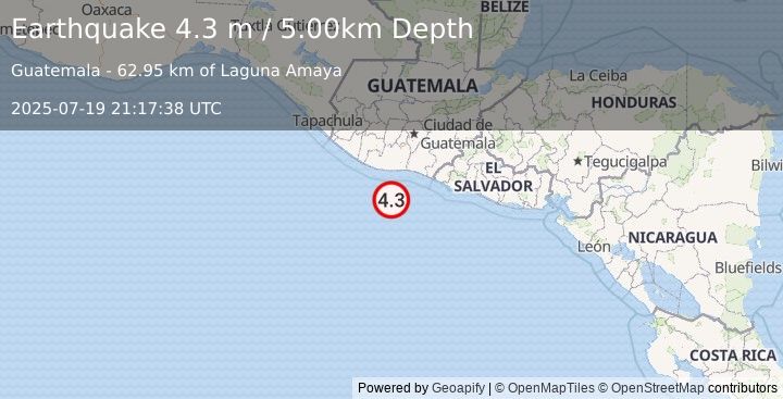 Earthquake OFFSHORE GUATEMALA (4.5 m) (2025-07-19 21:17:44 UTC)
