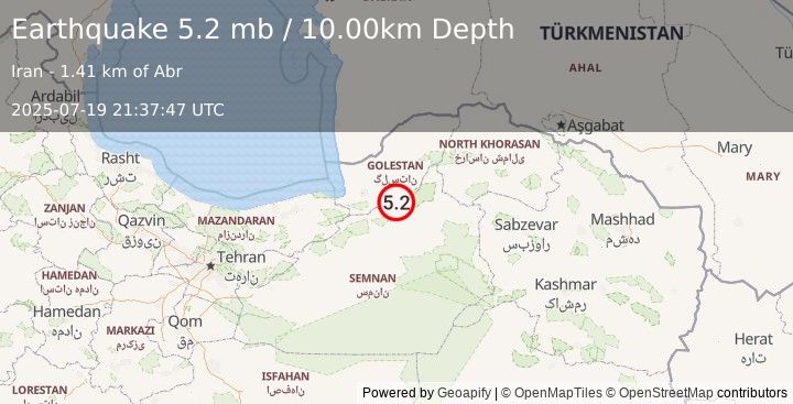 Earthquake NORTHERN IRAN (5.6 mb) (2025-07-19 21:37:47 UTC)