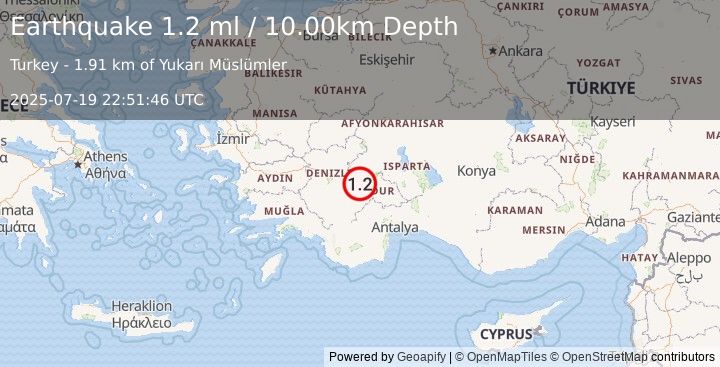 Earthquake WESTERN TURKEY (1.2 ml) (2025-07-19 22:51:46 UTC)