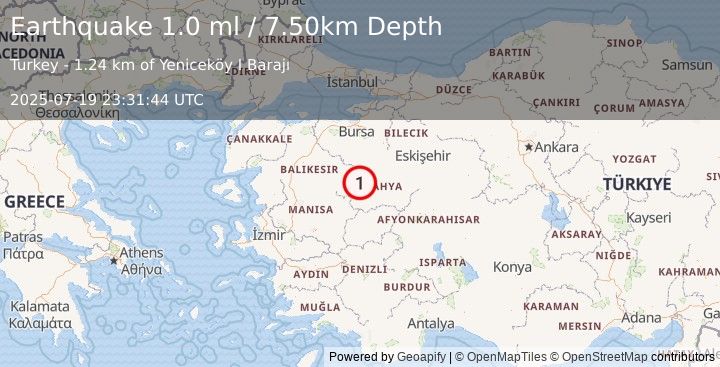 Earthquake WESTERN TURKEY (1.0 ml) (2025-07-19 23:31:44 UTC)