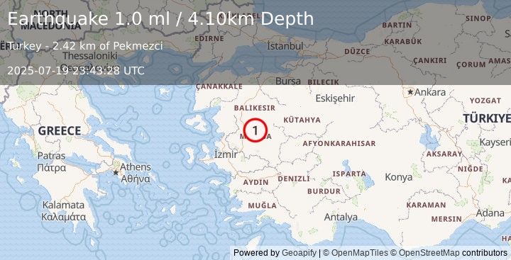 Earthquake WESTERN TURKEY (1.0 ml) (2025-07-19 23:43:28 UTC)