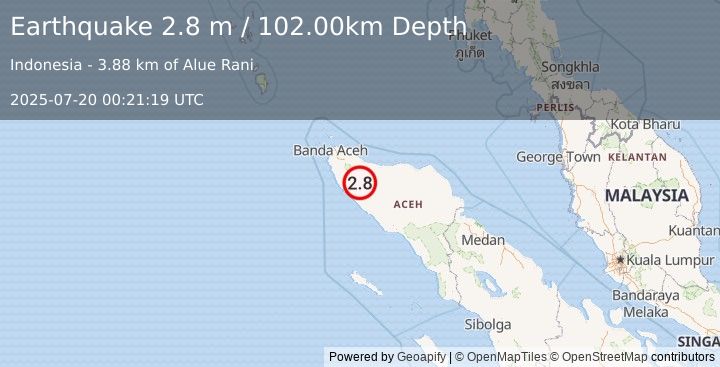 Earthquake NORTHERN SUMATRA, INDONESIA (2.8 m) (2025-07-20 00:21:19 UTC)