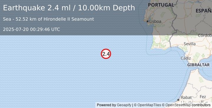 Earthquake AZORES-CAPE ST. VINCENT RIDGE (2.4 ml) (2025-07-20 00:29:46 UTC)