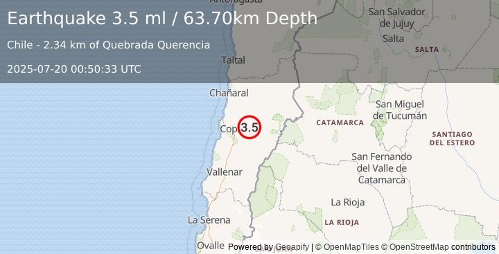 Earthquake ATACAMA, CHILE (3.9 ml) (2025-07-20 00:50:31 UTC)