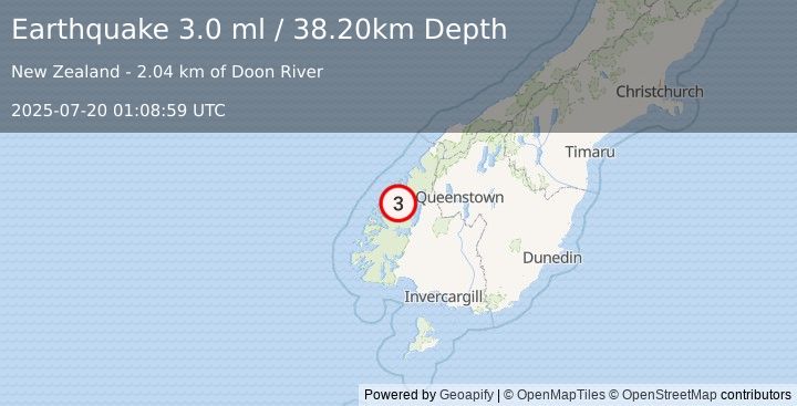 Earthquake SOUTH ISLAND OF NEW ZEALAND (3.0 ml) (2025-07-20 01:08:59 UTC)