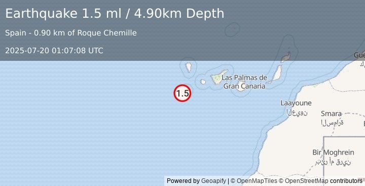 Earthquake CANARY ISLANDS, SPAIN REGION (1.5 ml) (2025-07-20 01:07:08 UTC)